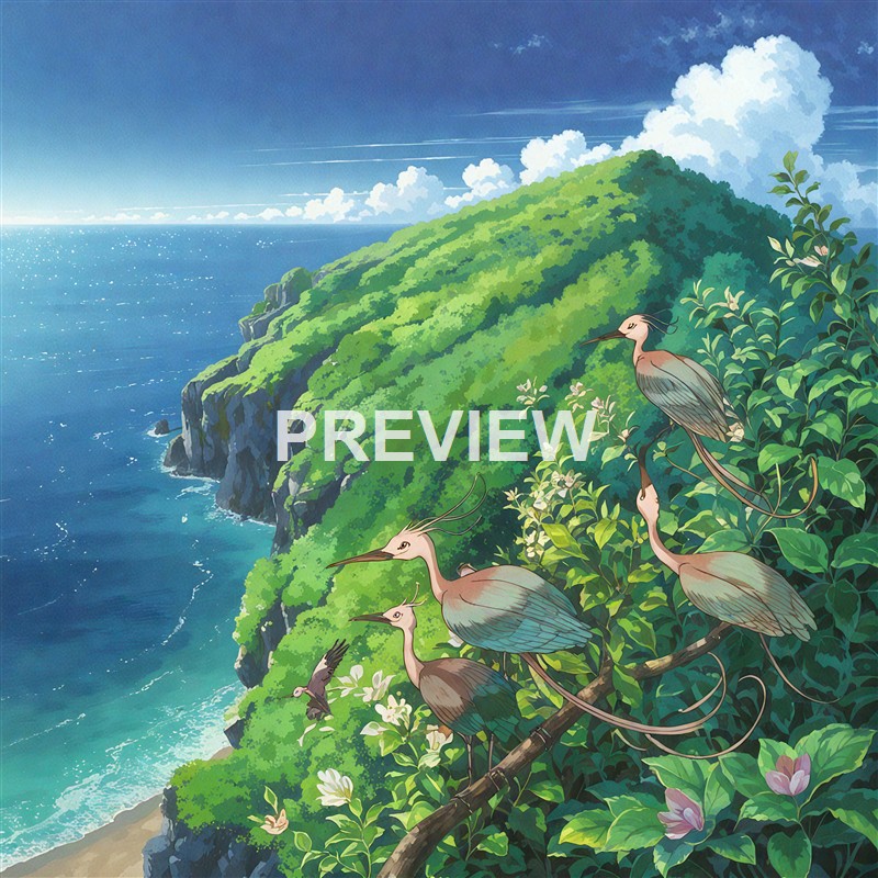 A lush green hillside with flowering plants and four stylized birds perched on a branch overlooking a vast ocean under a partly cloudy sky.